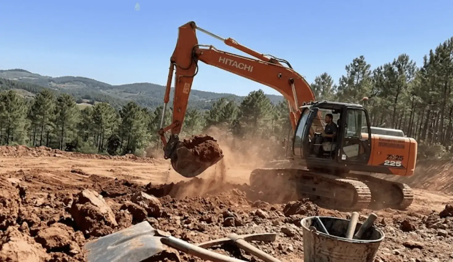 Pelleteuse sur chantier terrassement collines Nice ciel bleu